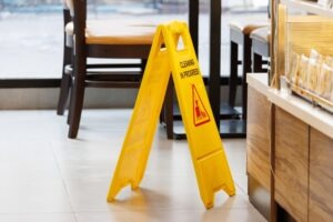 A slippery floor sign is in a Los Angeles Target.