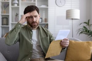 A worried man reading a federal target letter. Understand what a federal target letter consists of and how to proceed from a successful criminal defense law firm. Link: